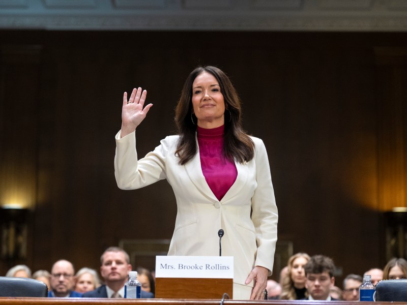 A woman in a white blazer raises her right hand at a hearing, with an identification card reading "Mrs. Brooke Rollins" in front of her.