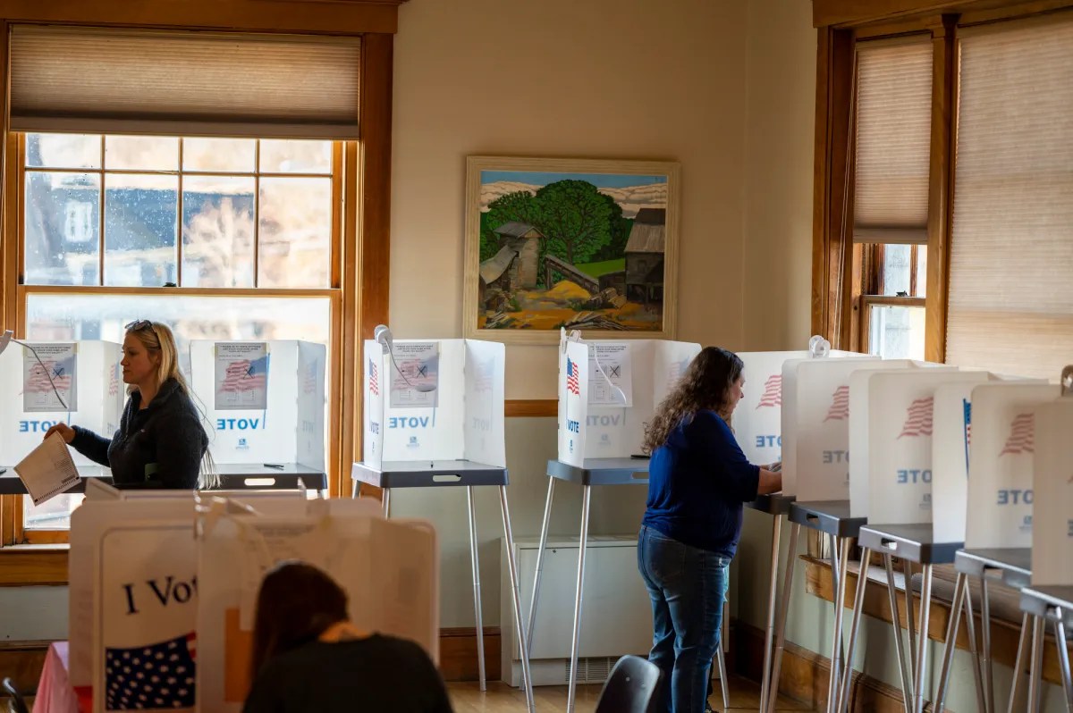 People casting votes in private booths at a polling station with a painting on the wall in the background.