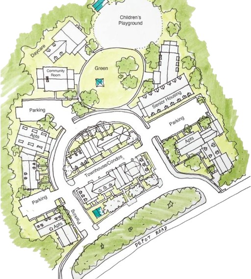 A site map illustrating a residential area featuring senior housing, townhouses/condos, and apartments, along with parking areas, a daycare, community room, green space, and a children's playground.