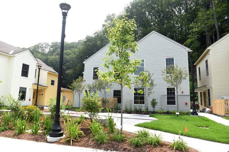 A modern two-story house with beige siding, surrounded by landscaped greenery, a young tree, and a black street lamp in the foreground.