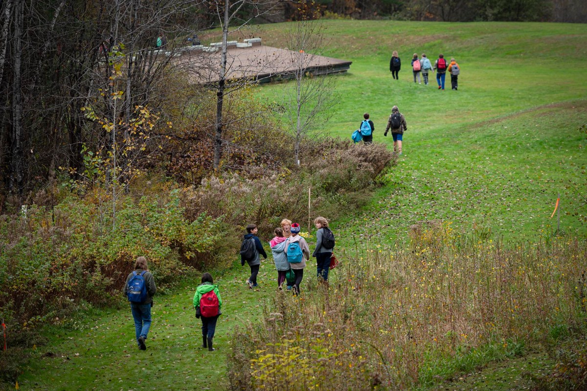 A group of people walking down a grassy path.