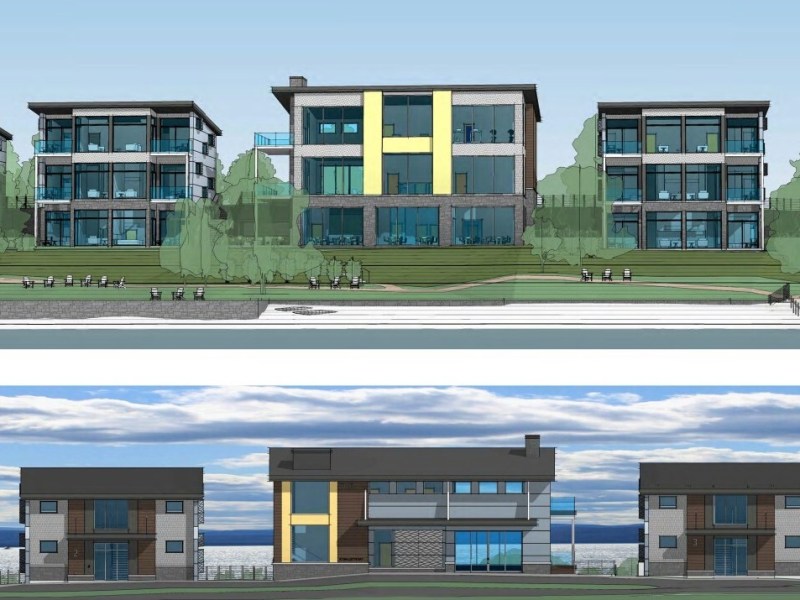 Architectural renderings of modern multi-story residential buildings with large windows, balconies, and landscaped green areas in front; water and sky visible in background.