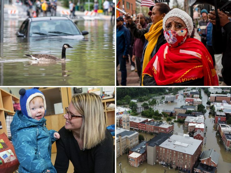 Four photos: A goose in a flood, a person in red clothing, a child in a blue snowsuit and a flooded town.