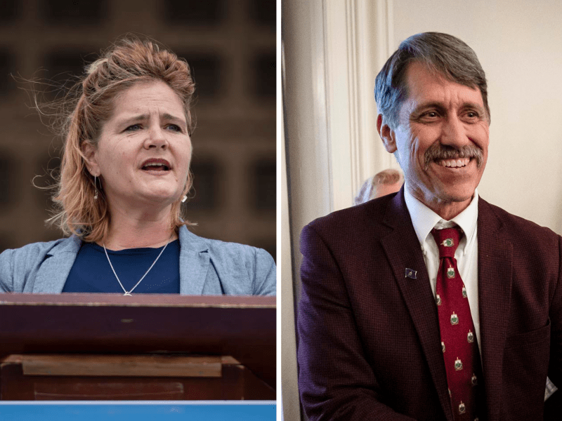 A woman speaks at a podium outdoors on the left; a man in a suit and tie smiles indoors on the right.