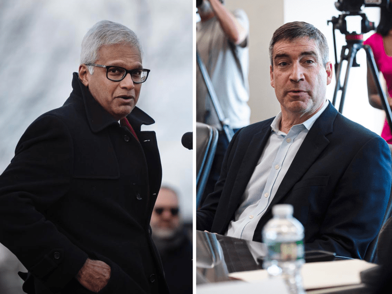 Split image: On the left, a man in a dark coat stands outdoors; on the right, a man in a suit sits at a conference table with cameras in the background.
