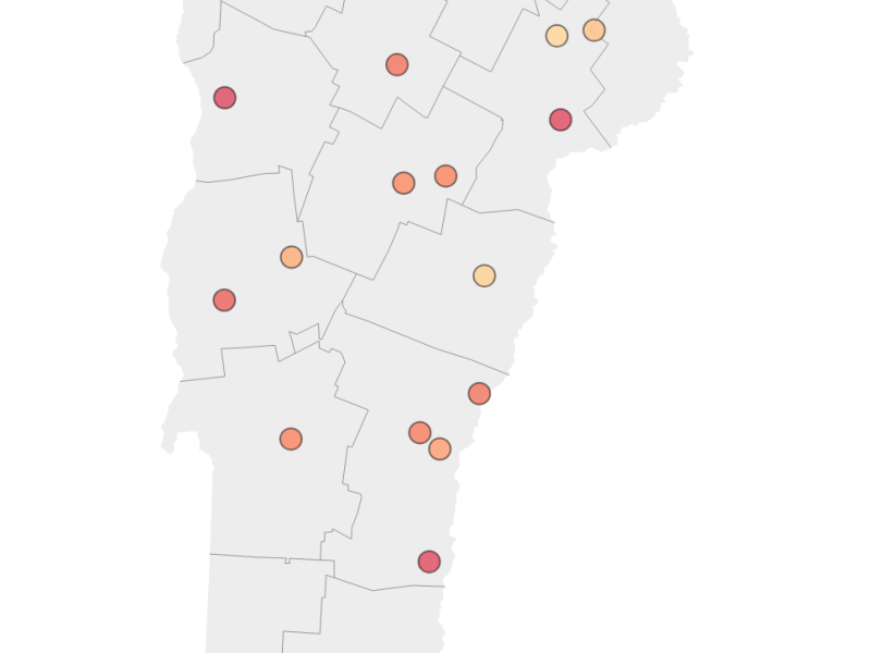 A map of Vermont displays various colored dots marking locations across different counties.