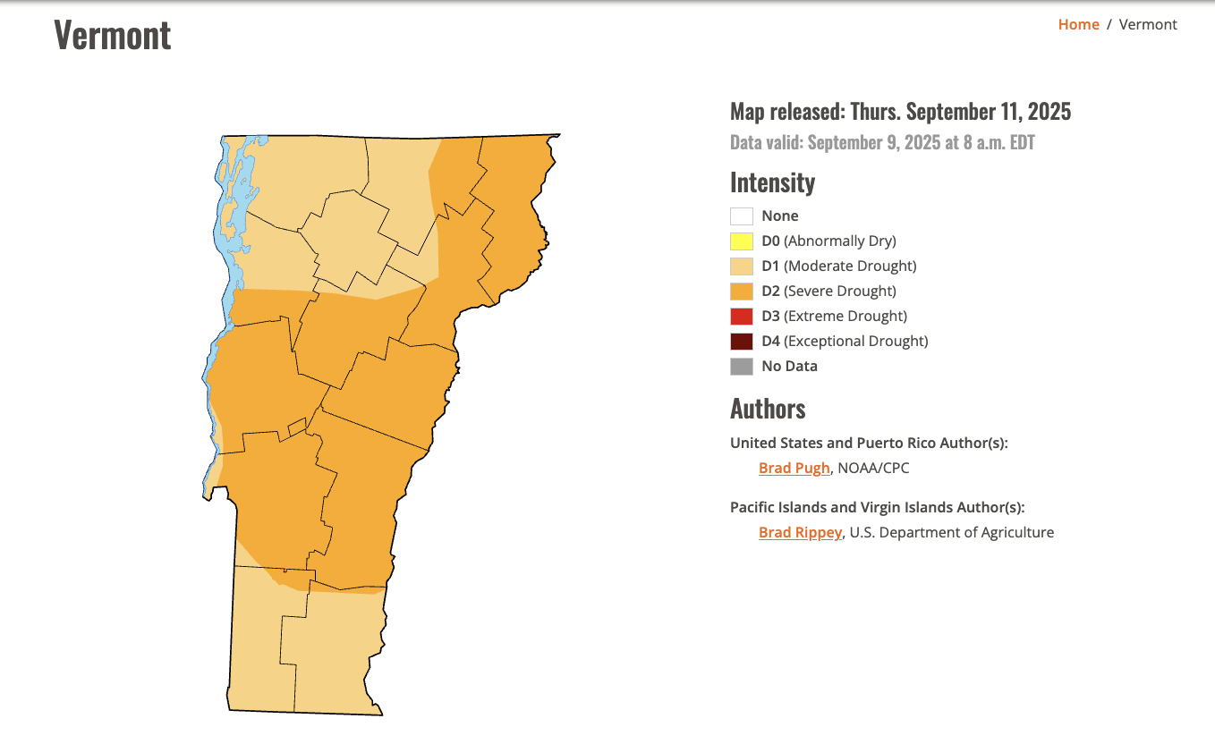 A color-coded map of Vermont shows varying drought intensity levels, ranging from abnormally dry to extreme drought, as of September 9, 2025.