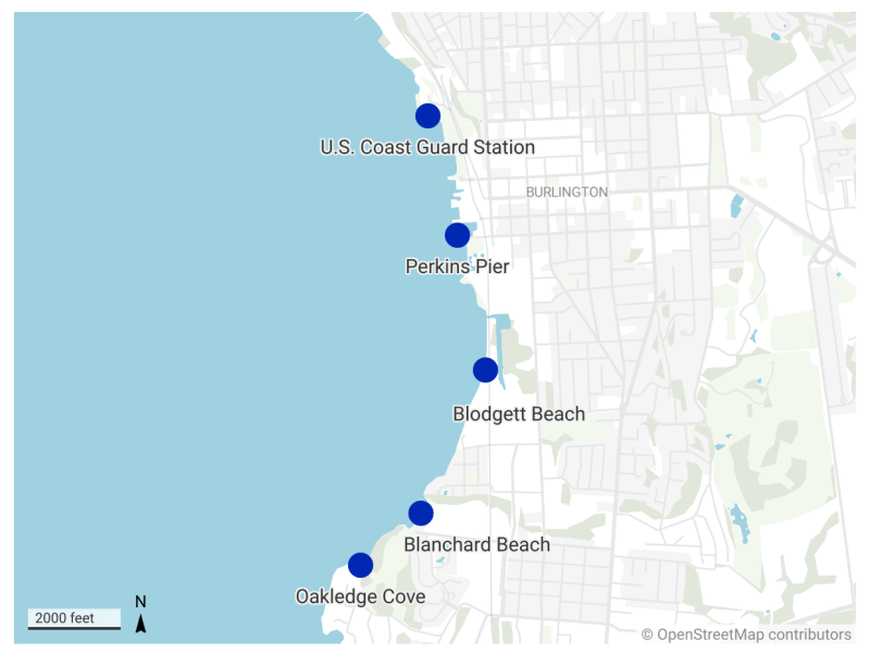 Map of Burlington showing five beach closures—U.S. Coast Guard Station, Perkins Pier, Blodgett Beach, Blanchard Beach, Oakledge Cove—due to a sewage spill.